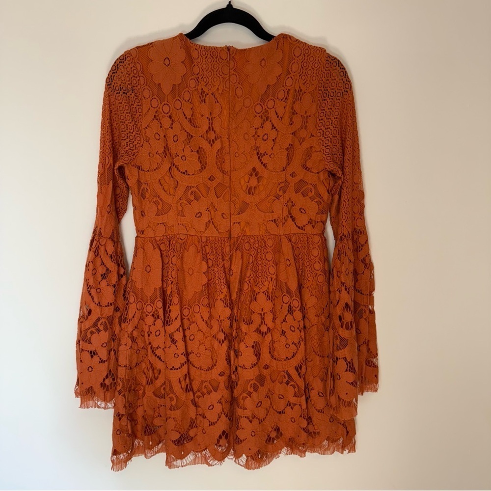 Boohoo Burnt Orange Long Sleeves Lace MiniDress Size 8 - Picture 2 of 7